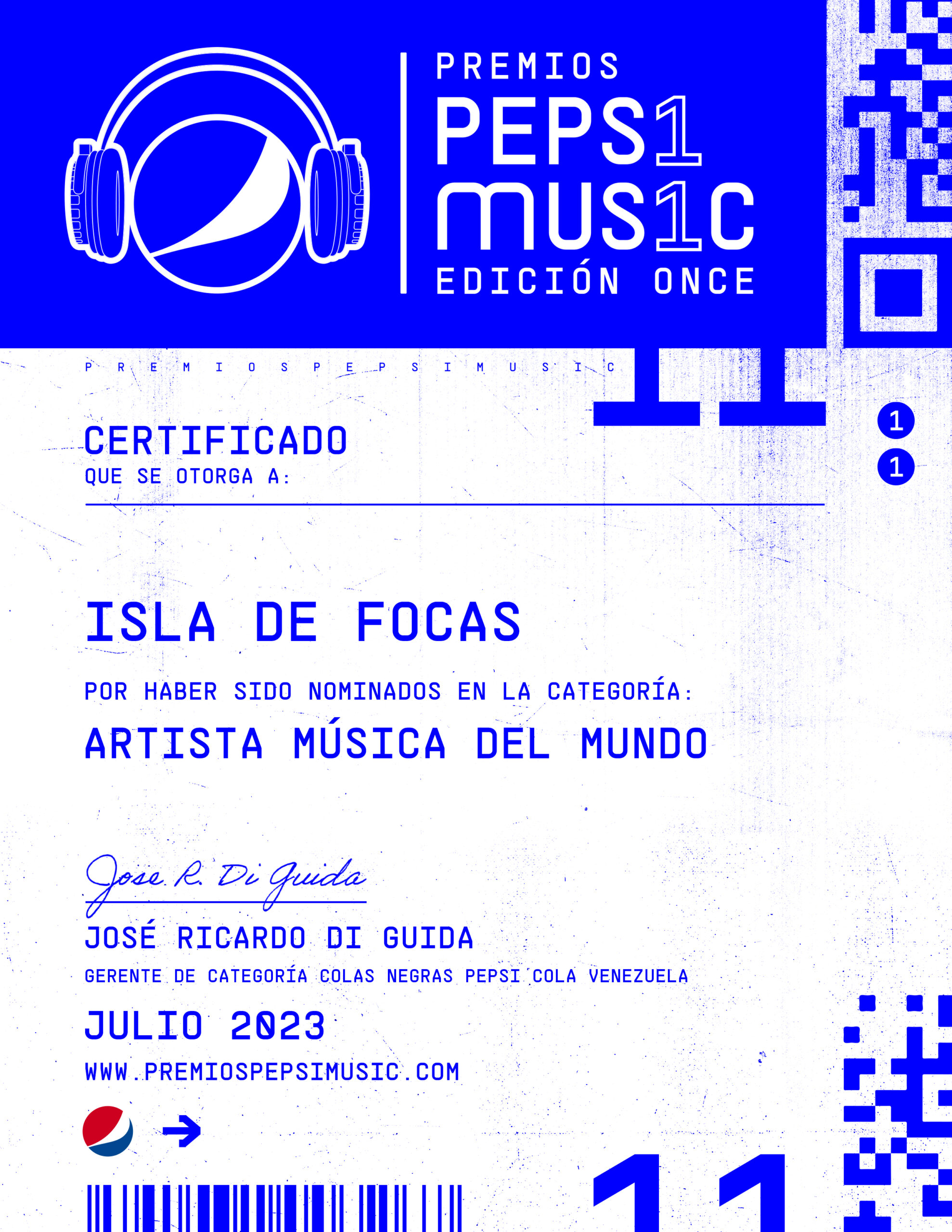 Certificado Isla de Focas Artista Música del Mundo Premios Pepsi Music 11va edición 2023