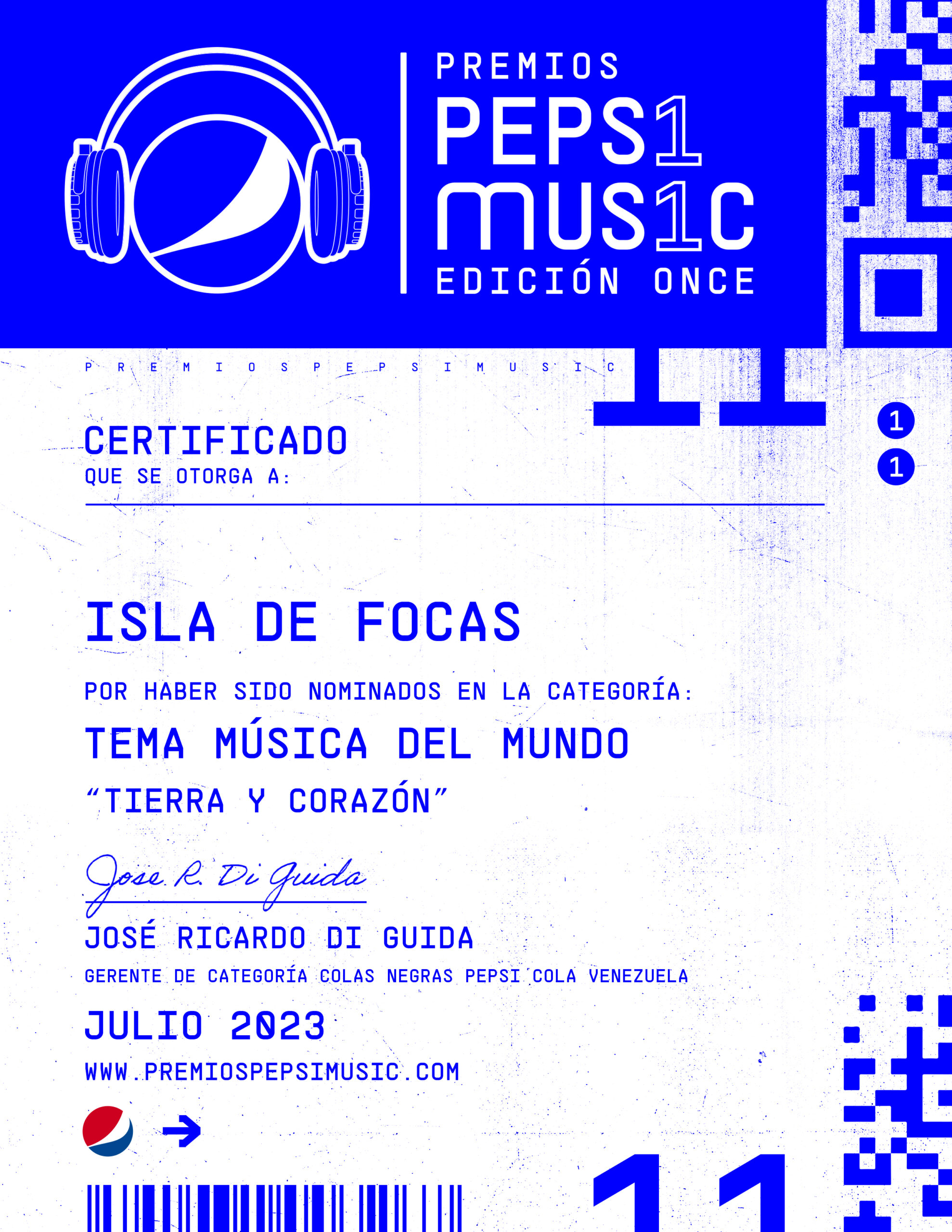 Certificado Isla de Focas Tema Música del Mundo Premios Pepsi Music 11va edición 2023